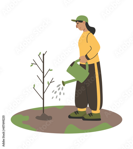 Lady watering tree with watering can. Tree planting charity, green concept. Nature protection and caring. People planting garden. Save planet. Flat vector illustration in green and yellow colors