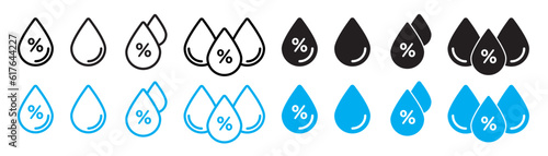 Air humidity icon set in black and blue color. Humidity water drop with percentage sign. photo