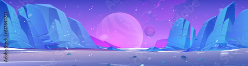 Alien planet desert with rocky stones. Vector cartoon illustration of fantasy space landscape in pink and blue color, cosmic dust particles flying in air. Cosmos exploration, adventure game background