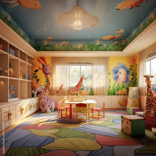 Kindergarten, game room. colorful, toy. childrenn play game. Generative ai photo