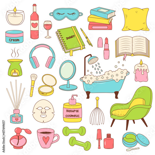 Me Time, relax, self care cartoon doodle set. Color line icons of hygge items.