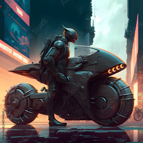 futuristic motorcycle like akiras motorcycle in black futuristic city in the background motorcycle should be floating 