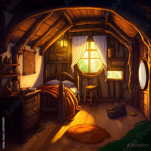 bilbo baggins house interior bedroom wood wall 2d art 2d anime style background  photo