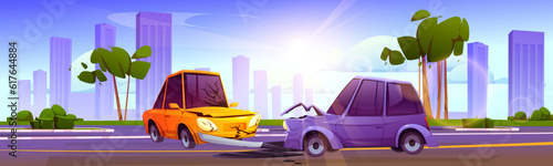Car crash accident on city road traffic vector illustration. Vehicle insurance of collision and damage on roadside. Two auto with broken hood on highway route in summer. Breakdown in urban summer way