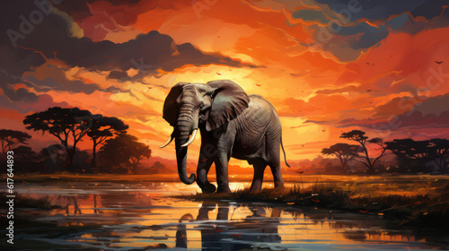 Giant Male elephant at sunset
