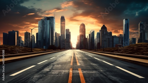 Straight asphalt road and modern city skyline with building background  illustration for product presentation template  copy space.