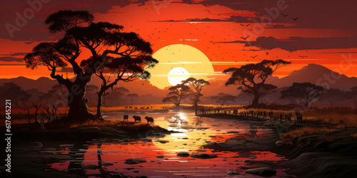 Illustration, African sunset panoramic background with silhouette of the animals