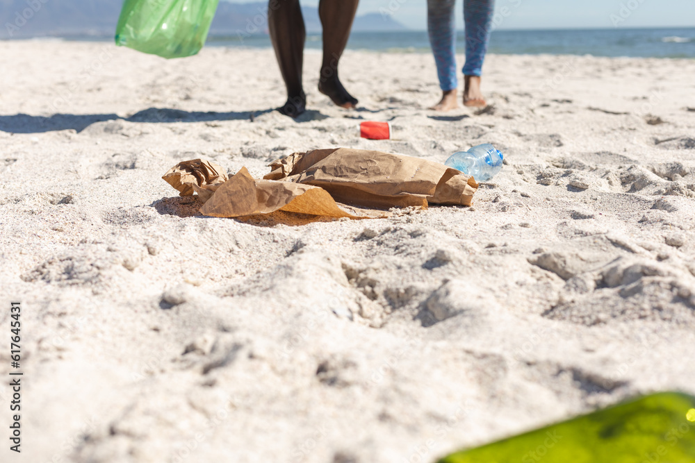 Low section of african american couple cleaning sunny beach and collecting litter, copy space Low section of african american couple cleaning sunny beach and collecting litter, copy space