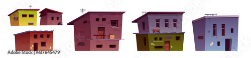 Poor ghetto city street house vector building set. Cartoon india village neighborhood broken home isolated on white background. Abandoned dilapidated favela architecture district exterior collection