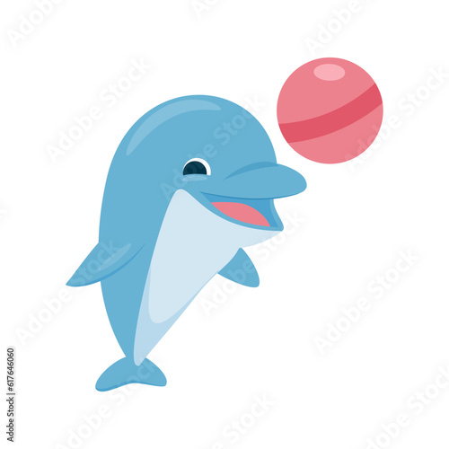 A cute blue dolphin is playing with a ball. Vector illustration isolated on white background.