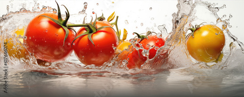 Photo of red tomatoes in splashes of water. generative ai