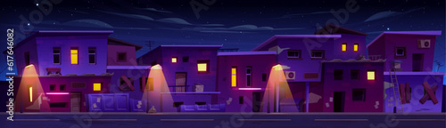 Night ghetto street district with poor house vector neighborhood illustration. Slum africa building near road. Poverty cityscape in india and disaster illegal architecture. Neon lamp light on wall