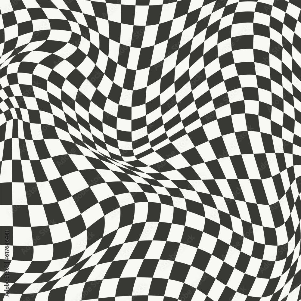 Checkerboard wavy pattern. Abstract chess square print. Black and white psychedelic optical illusion. Warped flag with geometric graphic. Y2k design for banner Checkerboard wavy pattern. Abstract chess square print. Black and white psychedelic optical illusion. Warped flag with geometric graphic. Y2k design for banner