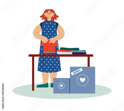 Lady from volunteer organization packing boxes with clothes. Charity donation, boxes with humanitarian aid to people in need. Flat vector illustration in blue and red colors