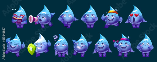Happy water drop face mascot cartoon vector character. Cute funny raindrop icon emotion expression for animation. Reading, exercise, loudspeaker, excited and love heart comic droplet collection