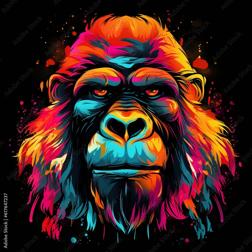 Colorful gorilla head with black background generated by AI