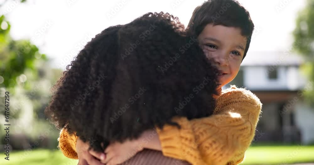 Portrait of child, hug and mom with love for kid, boy or son in outdoor, garden and summer in backyard. Happy, family and support mother with care, affection and embrace mommy on weekend at home Portrait of child, hug and mom with love for kid, boy or son in outdoor, garden and summer in backyard. Happy, family and support mother with care, affection and embrace mommy on weekend at home