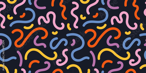 Colorful squiggle seamless vector pattern. Bright colored squiggly lines on a dark background. Cool, fun, creative, abstract wavy lines. Playful repeat backdrop texture.  photo