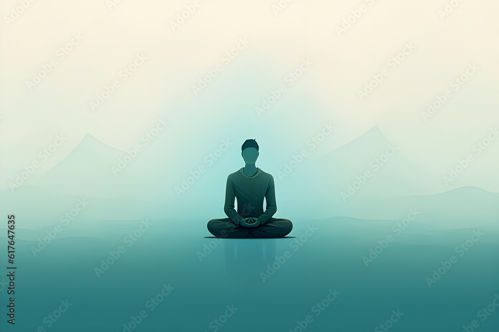 A minimalist design featuring a serene silhouette of a person sitting cross-legged in meditation. The color palette consists of soft blues and greens, representing tranquility and harmony.