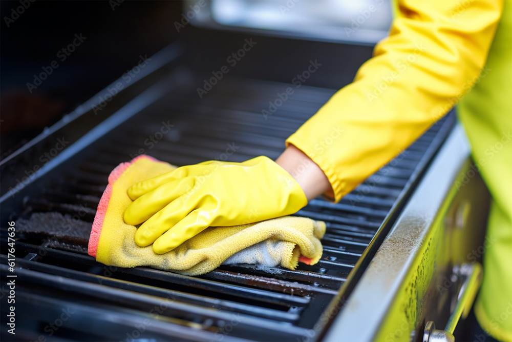 Domestic female hand wearing gloves cleaning dirty stove after cooking using sponge for washing woman housewife,generative.ai - obrazy, fototapety, plakaty 