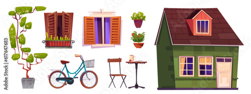 Italy vintage city street illustration vector set. House open window in italian town with wooden shutters and flowerpot. Retro suburb mediterranean cottage apartment building exterior icon design