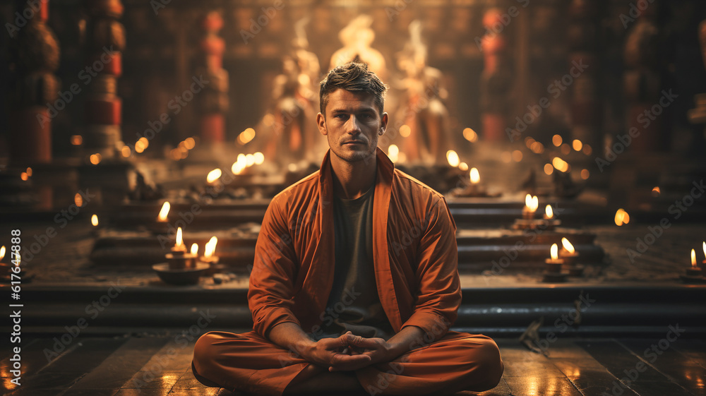 Man with yoga pose in buddhist temple