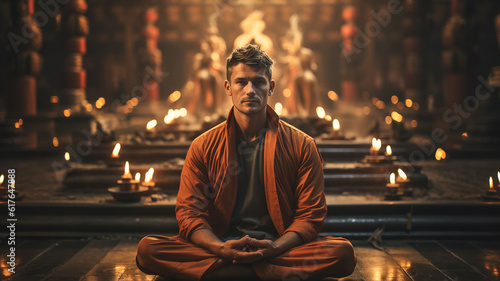 Man with yoga pose in buddhist temple