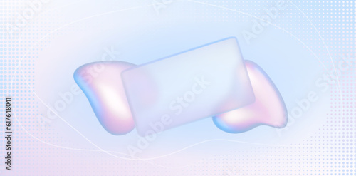 Glass morphism abstract pastel gradient background. Transparent card frame with blur purple fluid bubble creative composition. Geometric technology blob template with dot pattern, halftone texture