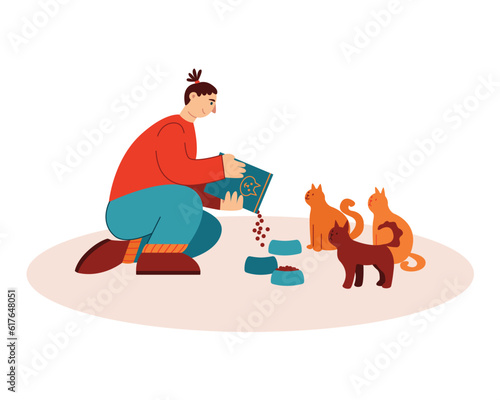 Young lady sitting on floor and giving food to cats. Protection and care for homeless cats. Zoo volunteer helping shelter pets. Flat vector illustration in blue and orange colors