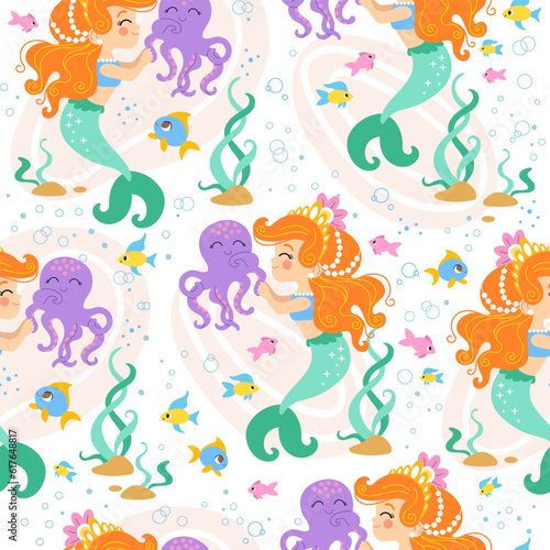 Seamless pattern with mermaid and octopus vector illustration