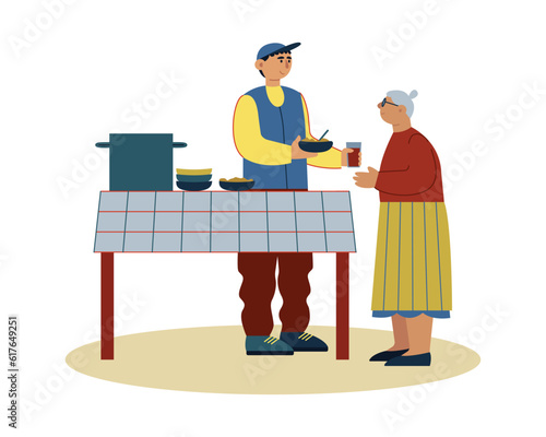 Male in uniform prepare and give hot meal as charity. Food donation for people in need. Volunteer kitchen, aid and assistance. Flat vector illustration in blue and yellow colors