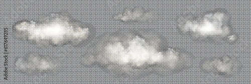 Transparent vector white cloud sky realistic set. Fog smoke png texture isolated design. Abstract cloudy air effect with day light icon collection. 3d beautiful nature atmosphere vapor smoky steam