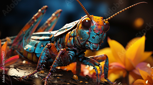A portraight of colorful realistic mythical grasshopper with sharp eyes and vibrant colors.   © Sudarshana