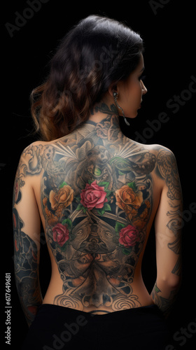 Generative AI - Expressive Elegance: Back View of a Pretty Short-Haired Woman Posing with a Tattooed Back, Embracing Individuality © Ezio Gutzemberg