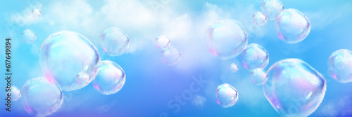 Realistic cloud background with iridescent glass foam. 3d dream spectrum soap bubble sphere blowing in cloudy air fluffy texture design illustration. Sunny blue space with cumulus natural mist