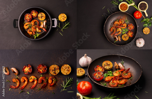 set-Grilled prawns or BBQ served with lemon and garlic on dark black background. Seafood. Top view.