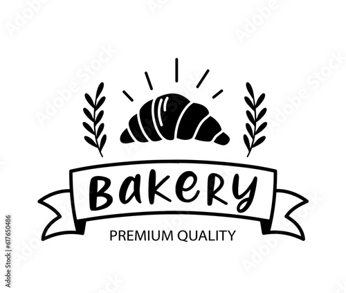 Bakery. Vector vintage logo word. Design typography, logo, badge, label, icon. Hand drawn calligraphy text. Typography bakery logo. Signboard icon bakery croissant. Black and white illustration.