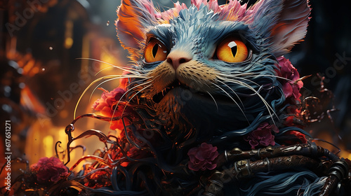 A portraight of colorful realistic mythical cat with sharp eyes