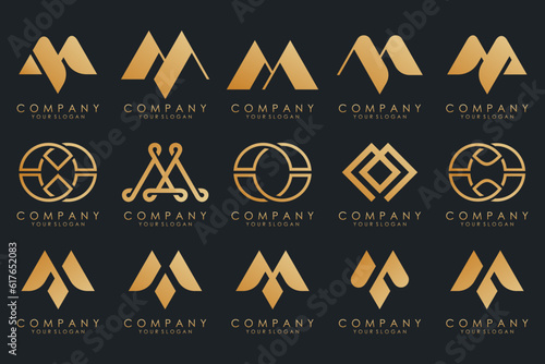 Set of letter M logo design vector. Collection of modern M letter design in gold.