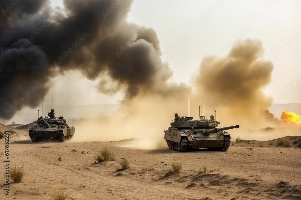 soldiers crosses warzone with fire and smoke in the desert, military special forces, tank soldiers crosses warzone with fire and smoke in the desert, military special forces, tank