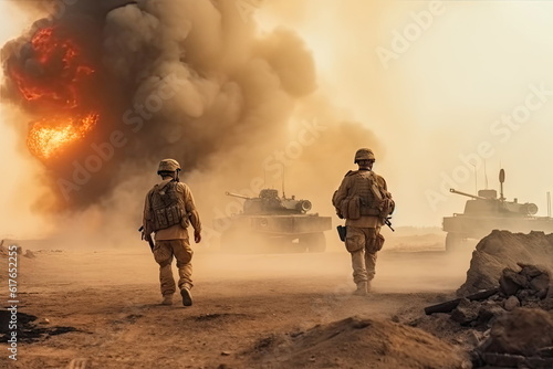  soldiers crosses warzone with fire and smoke in the desert  military special forces  tank