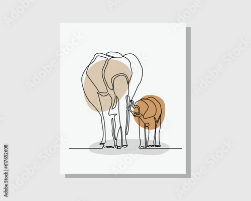 Continuous single one line drawing of young elephant calf holding elephant mother tail walk and follow animal family boho bohemian style design vector illustration