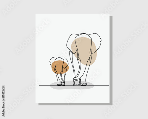 Continuous single one line drawing of young elephant calf holding elephant mother tail walk and follow animal family boho bohemian style design vector illustration