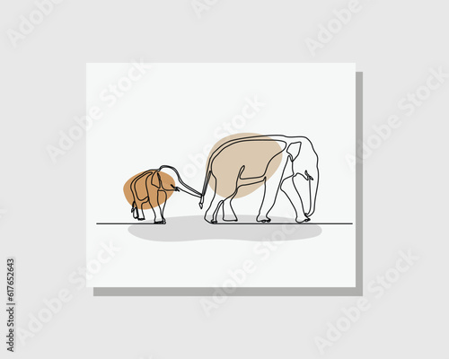 Continuous single one line drawing of young elephant calf holding elephant mother tail walk and follow animal family boho bohemian style design vector illustration