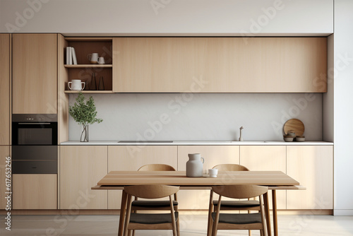 Interior of minimalist style kitchen with simple cupboards and modern appliances in light apartment,generative.ai © bojel