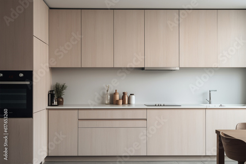 Interior of minimalist style kitchen with simple cupboards and modern appliances in light apartment,generative.ai