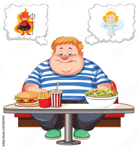 Overweight man fighting between eating healthy or unhealthy food