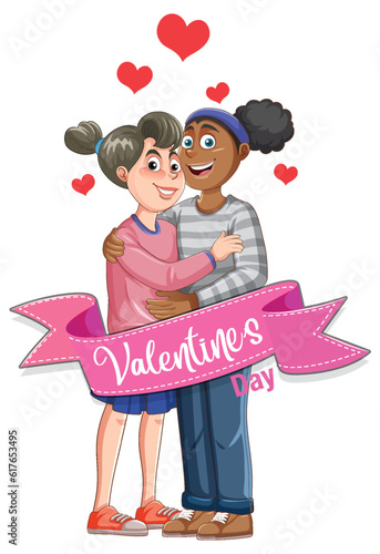 Interracial female couple Valentine day sign