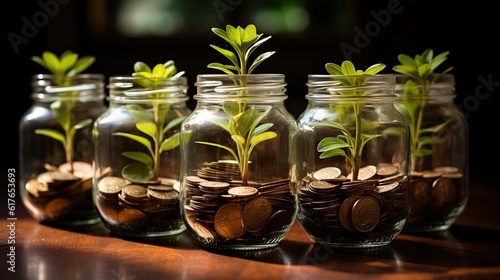 theree jars with money growing up from coins photo