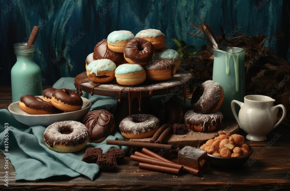 Chocolate donuts and various desserts are laid on top of a wooden table. Generative Ai